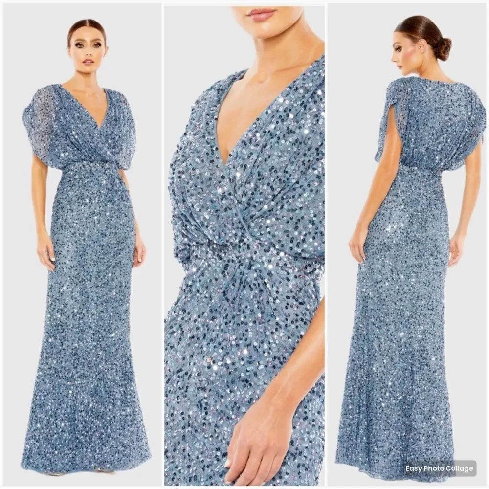 Mac Duggal 5640 Womens Blue Draped Sleeve V Neck Gown